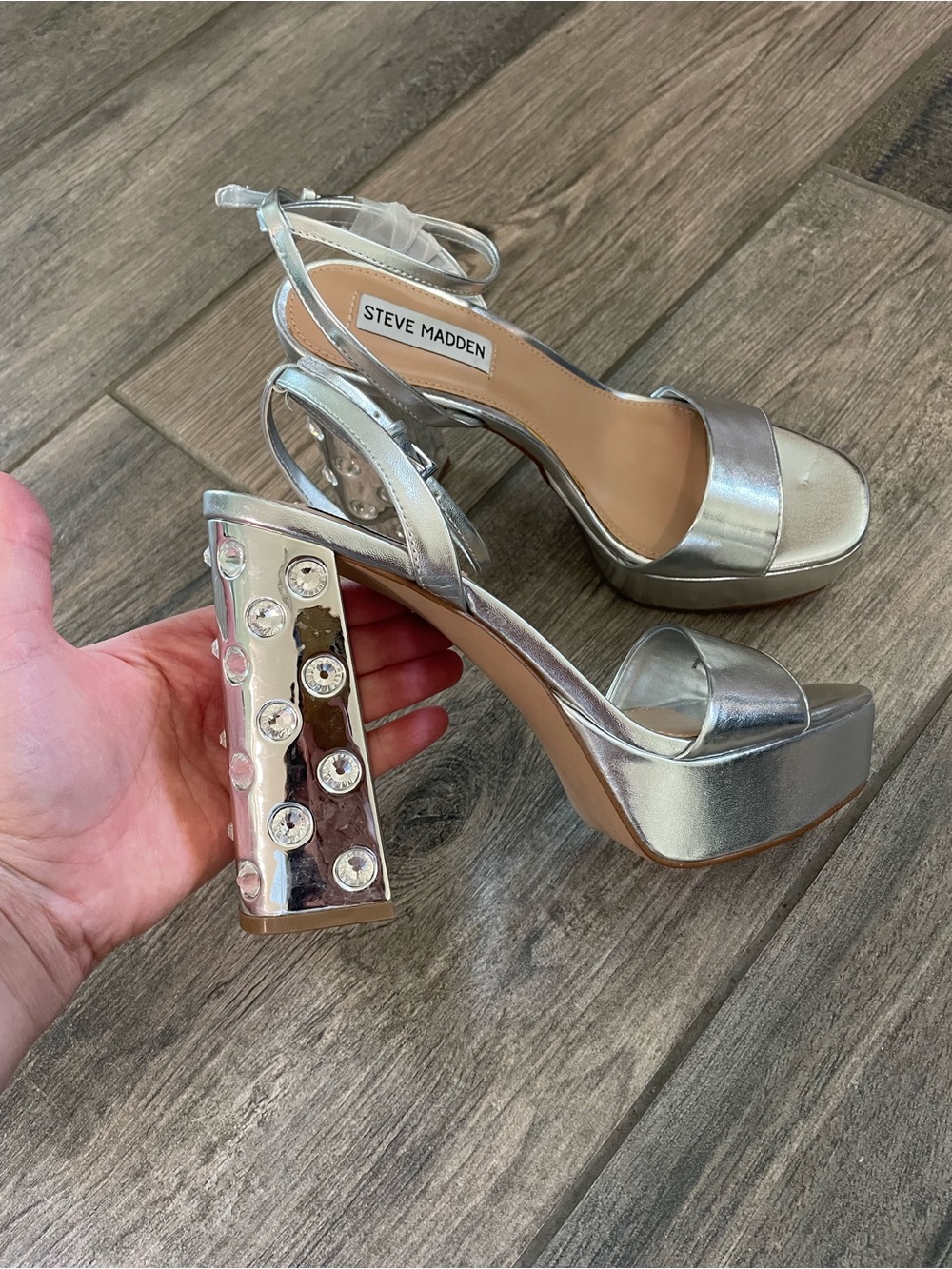 Steve Madden Silver Platform Sandals with Jewel-Studded Block Heel